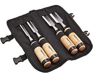 Amazon Basics - 4-Piece Sturdy Chrome Vanadium Steel Woodworking Wood Chisel Set - 1/2 inch (13mm) to 1-1/4 inch (32mm), Wooden Handles with Carry Pouch