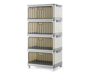 Amazon Basics 4-Tier Stackable Storage Bins with Wheels, 21.7L per Tier, Collapsible Containers with Lids, 82.6 x 39.1 x 27.2 cm, Grey/Beige