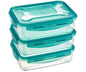 Amazon Basics Air-Locked Leak-Proof, Stackable & Airtight Fridge/Freezer Containers with Lids, BPA-Free Plastic, Microwave and Dishwasher Safe 3-Piece Food-Storage Set, 3 x 1.2 liters, Clear