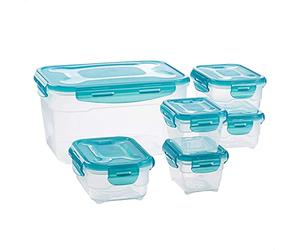 Amazon Basics Air-Locked Leak-Proof, Stackable & Airtight Fridge/Freezer Containers with Lids, BPA-Free Plastic, Microwave and Dishwasher Safe 6-Piece Food-Storage Combo Set, Clear, Farblos