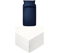Amazon Basics AmazonBasics Microfibre Duvet Set, Navy Blue, 135cm x 200cm / 50cm x 80cm Microfiber Fitted Single Sheet - Single Size (90 x 190 x 30cm), Bright White