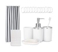 Amazon Basics Bathroom Accessory Set: Shower Curtain with Hooks, Memory Foam Bath Mat, Soap Dispenser, Soap Dish, Toothbrush Holder & Tumbler, White