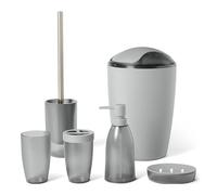 Amazon Basics Bathroom Accessory Set with Toothbrush Holder, Soap Dispenser, Soap Dish, Tumbler, Trash Can, Toilet Brush & Holder, Grey