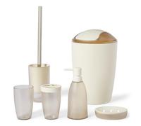 Amazon Basics Bathroom Accessory Set with Toothbrush Holder, Soap Dispenser, Soap Dish, Tumbler, Trash Can,Toilet Brush & Holder, Ivory