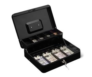 Amazon Basics Cash Box with Lock Key and Money Organizer Tray, 9 H x 30 W x 24 D cm, Black