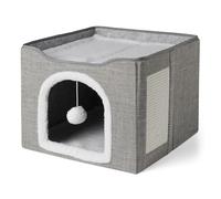 Amazon Basics Cat House 1 Story Cat Beds for Indoor Cats, Cat Cube with Toy Ball Hanging and Scratch Pad, Foldable Cat Cave, 41.9cm x 41.9cm x 33 cm, Grey