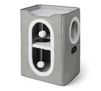 Amazon Basics Cat House 2 Story for Indoor Cats, Covered Cat Cave with Scratch Pad & Fluffy Ball, Foldable Cat Cube Condos, 43.2cm x 35.6cm x 57.2cm, Grey