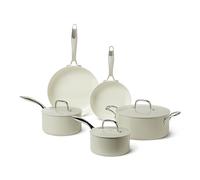 Amazon Basics Ceramic Non-Stick Cookware Set, 8-Piece Pots and Pans, All Hob Compatible, Dishwasher Safe, Linen Grey