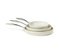 Amazon Basics Ceramic Non-Stick Frying Pan Set, 3-Piece, All Hob Compatible Cookware, Dishwasher Safe, Ivory