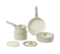 Amazon Basics Ceramic Nonstick Pots and Pans Set with Detachable Handle, 11-Piece Stackable Set, All Cooktop Friendly, Includes Saucepan, Frying pan, Linen Gray.