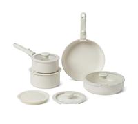 Amazon Basics Ceramic Nonstick Stackable Cookware with Detachable Handles, 11-Piece Set, All Cooktop Friendly, Ivory