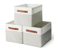 Amazon Basics Collapsible Storage Bins with Leather Handles, Linen, Large, Pack of 3