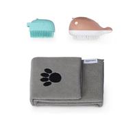 Amazon Basics Dog Bath Brush with Fast-Drying Towel, Pet Grooming Brush for Bathing and Cleaning, 2-Brushes