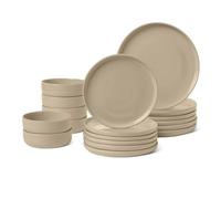Amazon Basics Glazed Stoneware Dinnerware, 18-Piece Set, 6 Full Place Settings, Dishwasher-Safe, Linen Gray