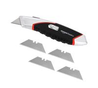 Amazon Basics Heavy Duty Retractable Auto-Load Ergonomic Utility Knife 3-Position Locking Blade with 4 Replaceable Blades in Designed Storage, Black/