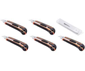 Amazon Basics Heavy Duty Retractable Ergonomic Handle Utility Knife, Multi-Position Locking Blade with 10 Replaceable Sharp Blades in Container, Pack of 5, Orange/Black