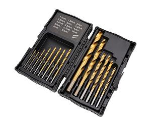 Amazon Basics High Speed Steel Wood Drill Bits Set, Titanium Coated, Inclined Blade Design, 14 Pieces, 1.5-10 mm, for Metal, Wood & Plastic