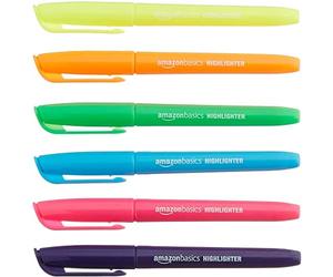 Amazon Basics Highlighters Pack of 12 with 6 Assorted Neon Colours, Durable Chisel Tip, Pens for Adults and Kids, Multicolour