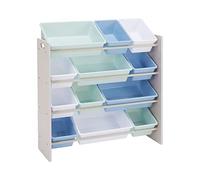 Amazon Basics Kids’ Toy 4 Shelf Storage Organiser With 12 Plastic Bins, Grey Wood With Blue Bins, 86 D x 32.5 W x 90 H cm
