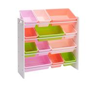 Amazon Basics Kids Toy Storage Organizer with 12 Plastic Bins - White Wood with Pink Bins