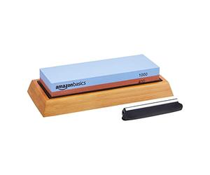 Amazon Basics Knife Sharpening Whetstone, Dual Sided 400/1000 Grit Sharpening Stone with Non-Slip Bamboo Base, 18.03 x 6.1 x 2.79 cm, Blue & Red