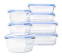 Amazon Basics Leak-Proof Glass Locking Lids Food Storage Containers, 14-Piece Set, 7 Count of Bases and 7 Plastic Lids, Clear, Blue, BPA Free