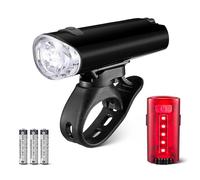 Amazon Basics LED Bike Light Set with 100 Lumen Headlight and 10 Lumen Taillight - 3 Mode Waterproof Bicycle Lights with Mounts - Batteries Included - Black and Red