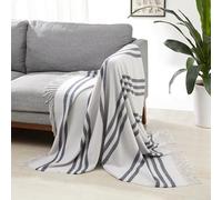 Amazon Basics Lightweight Recycled Polyester Sofa Throw Blanket, Bed Throw for Room Décor, 127 x 152 cm, Light Grey With Blue Stripes