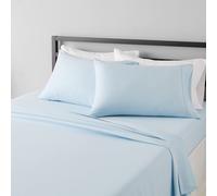 Amazon Basics Lightweight Super Soft Easy Care Microfiber 4-Piece Bed Sheet Set with 14-Inch Deep Pockets Queen Light Blue Solid