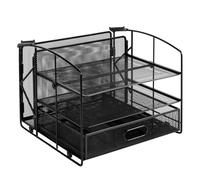 Amazon Basics Mesh Desk Organiser with 3 Trays, Rectangular Desk Tidy for Office Accessories, Sliding Drawer and Hanging File Holder, Black