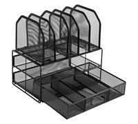 Amazon Basics Mesh Desk Organiser with Sliding Drawer, Double Tray and 5 Upright Sections, Black