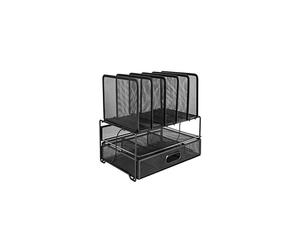 Amazon Basics Mesh Desk Organiser with Sliding Drawer, Double Tray and 5 Upright Sections, Black