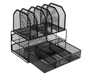 Amazon Basics Mesh Desk Organiser with Sliding Drawer, Double Tray and 5 Upright Sections, Black