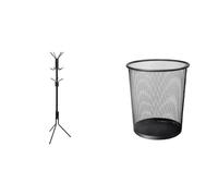Amazon Basics Metal Coat and Clothes Stand Rack, Black, 48.1L x 48.1W x 175.5H cm & KEPLIN Round Trash Can - Black Non-slip Mesh Bin, Stylish & Sturdy Metal Waste Paper Bin for Home