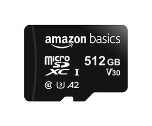Amazon Basics Micro SDXC Memory Card for Smartphones, Tablets, Action Cameras, Drones, GoPRO with Full Size Adapter, A2, U3, Full HD, Read Speed up to 100 MB/s, 512 GB, Black