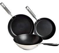 Amazon Basics Non-Stick Frying Pan and Wok Set, Ceramic Stainless Steel Cookware, 24cm and 28cm Pans with 28cm Wok, Induction and Oven-Safe, 3-Piece