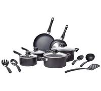 Amazon Basics Non-Stick Pot and Pan Set, Aluminium Cookware, Soft-Touch Handles, Spiral Bottom, 15-Piece with Utensils, Black
