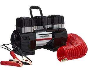 Amazon Basics Portable Digital Air Compressor, 12V DC Dual Cylinder, 120 PSI, 60L/Min, Auto Shut-Off, LED Light, 5M Hose, Battery Clamps, Carrying Case, Black/Red