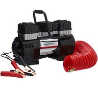 Amazon Basics Portable Digital Air Compressor, Heavy Duty Tyre Inflator with 12V DC Dual Cylinder, 120 PSI, 60L/Min, Auto Shut-Off, LED Light, 5M Hose, Battery Clamps, Carrying Case, Black/Red