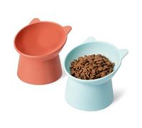Amazon Basics Raised Cat Feeding Bowls, Cat Ear Shape, 2-Pack, 13.2 × 13.2 × 11.4 cm, Orange and Blue
