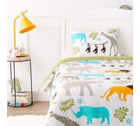 Amazon Basics Reversible Microfiber Children's Duvet Cover 100 x 135 cm & 1 Pillowcase 40 x 60 cm Set for Cot, Animals