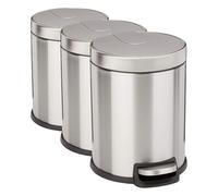 Amazon Basics Round Cylindrical Soft-Close Small Trash Can With Foot Pedal for Bathroom and small space, 5 l, Brushed Stainless Steel (Pack of 3)
