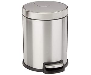 Amazon Basics Round Cylindrical Soft-Close Small Trash Can With Foot Pedal for Bathroom and small space, 5 l, Brushed Stainless Steel