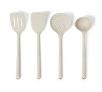 Amazon Basics Silicone Cooking Spoon and Ladle Set, 4-Piece Set, Soft Grip Handle, BPA-Free, Dishwasher-Safe, Linen Gray