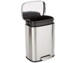 Amazon Basics Smudge Resistant Small Rectangular Trash Can With Soft-Close Foot Pedal, for Bathroom/Living room, Brushed Stainless Steel,12L/3.1 gallon, Satin Nickel Finish, 28.7cm Lx25.1cm Wx38.4cm H