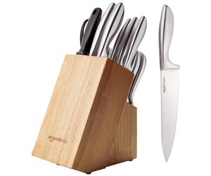 Amazon Basics Stainless Steel Comfort Grip Knife Set with Block, 18 Count (Pack of 1), Black