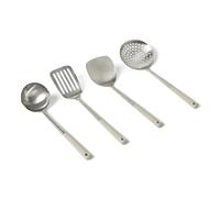 Amazon Basics Stainless Steel Cooking Spoon and Ladle Set, 4-Piece Set, Soft Grip Handle, Dishwasher-Safe, Linen Gray