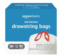 Amazon Basics Trash Bags Tall Kitchen Drawstring Unscented 13 Gallon 200 Count Pack of 1
