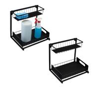 Amazon Basics Under Sink Storage Organizer with Tray Liners, L-Shaped, Pull-Out Cabinet Organizer, Slide-out Bottom Tray, 2-Pack, Black