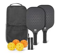 Amazon Basics USAPA-Approved Pickleball Paddle Set with 4 Balls and 2 Grips, Glass-Frame, for Recreational Play, Stealth Black, Pack of 2